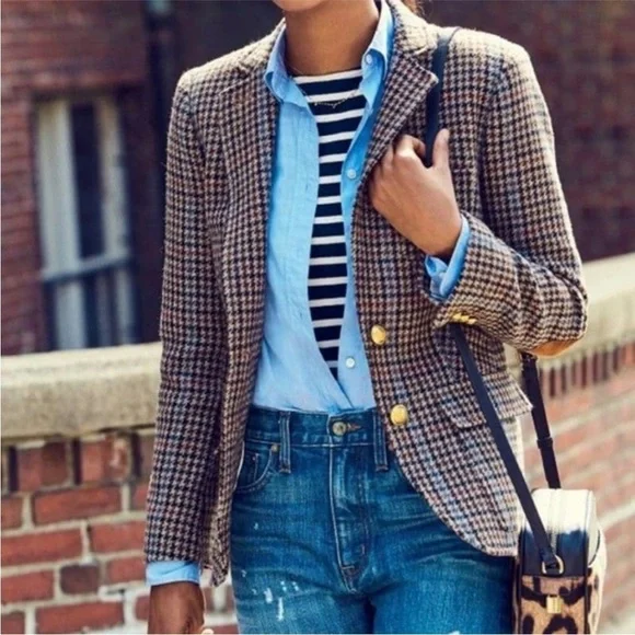 J.Crew Rhodes Blazer Jacket Wool Tweed Houndstooth Elbow Patches Brown Size 6 - Picture 3 of 9